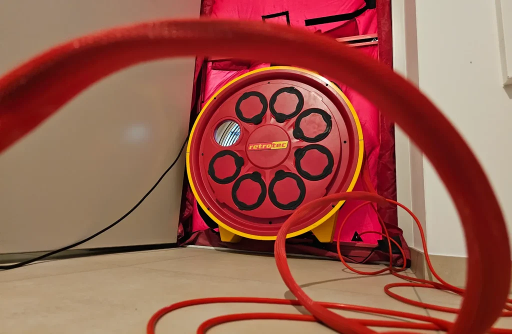 Wie funktioniert ein Blower Door Test? Die namensgebende Blower Door (übersetzt "Gebläse Tür") ist ein spezieller Ventilator, der zusammen mit einer luftundurchlässigen Folie in Türen oder Fenstern montiert wird und Unter- beziehungsweise Überdruck im Inneren eines Gebäudes erzeugt.